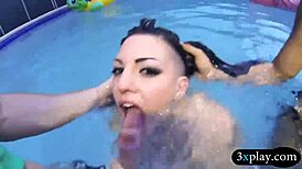 Two slutty babes suck and get pounded by pervert men outdoors