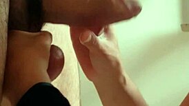 Wife in bikini gets caught wet by husband in towel.