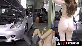 21 Sextreme - Cute teen Mia Evans rides old mechanic’s rod hard