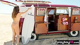 behind the scenes, nude surfer slut says, 'show my tits and ass on the beach'