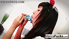 Sexy Asian Marica Hase teases her wet pussy with glass toy