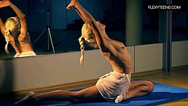 Amateur Blonde Gymnast Teasing in White Dress at Fitness Gym
