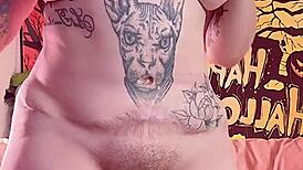 naked woman dances erotically with lotion on her big wet pussy