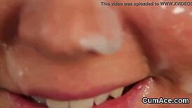 Peculiar Centerfold Gets Cumshot on Her Face Swallowing All the Juice