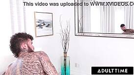 Fun-size blonde Minxx Marley wraps bisexual birthday trio with cum swap