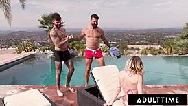 Fun-size blonde Minxx Marley wraps bisexual birthday trio with cum swap