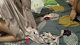 Solo performance in satin nightie with dirty talk