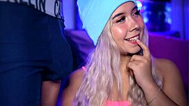 Horny blonde with a cute face stimulates her boyfriend's cock with her boxers on!