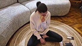 brunette swallows cum after blowjob