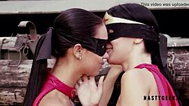 brunette wonderfuck woman masturbates and fingers before strapon fucking outdoors