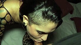 big ass brunette wife in fishnets gets doggy style blowjob and fucking