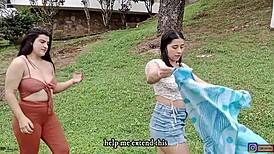 Hey, horny lesbians, let’s fuck our perfect pussies outdoors right now