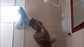 Ebony milf drops dildo in shower blowjob