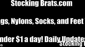 three lesbians suck toes in fishnets during sex