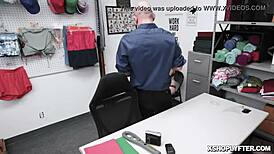 Alice negotiates with the officer at the shop to avoid involvement