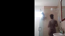Ebony milf drops dildo in shower blowjob