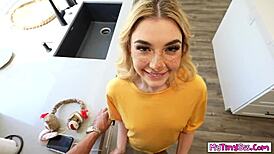 Petite Stepsister Hawks Rubs Quinton's Big Cock And Licks It