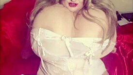 White Lingerie Girl Shows Huge Boobs Sucks Toy Milky