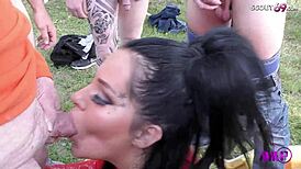 Ashley Cumstar hosts an extreme outdoor garden party with 20 guys.
