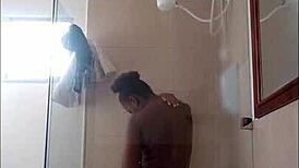 Ebony milf drops dildo in shower blowjob