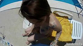 Intense fucking outside leads to cumshot in her bent-over ass