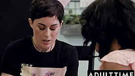 adult time - lesbian milf seduces petite 18+ straight girl into interracial pussy eating