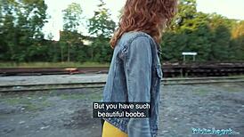 Public Agent Redhead Waitress Engages In Activities Outside In Public