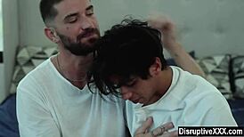 I watch the young gay boy lose his virginity to his older lover in bareback anal.