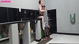 I received my friend in lingerie, he grabbed me, we fucked in the kitchen.