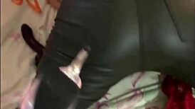 french amateur in leather pants and satin lingerie pov