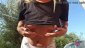 nippleringlover hot milf flashing outdoors with no bra, showing pierced pussy and huge nipples