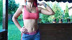 Teen strips outdoors revealing cameltoe and ripped clothes