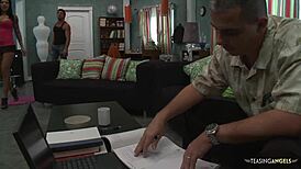 Bella Bendz strips naked and enjoys deepthroat blowjob with facial