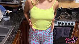 Blonde girl in kitchen offered money and accepts