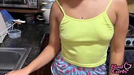 Blonde girl in kitchen offered money and accepts