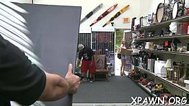 Daring woman has sex in shop. POV hardcore cunt sucking and tight cock fucking.