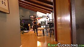 an old cuckold watches his brunette wife get spanked and humiliated by a big black cock