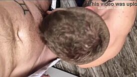 Massive cum facial explodes during gay blowjob in office meeting room with huge uniform costumes