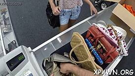 Daring woman has sex in shop. POV hardcore cunt sucking and tight cock fucking.