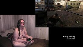 Naked brunette plays Last of Us with big tits exposed