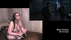 Naked brunette plays Last of Us with big tits exposed
