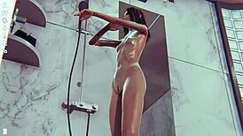 Skinny Character Enjoys Shower Scene in 3D Anime Game