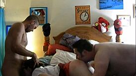 threesome with a nerdy girl bent over for doggystyle sucking cock