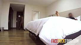 The tanned latina deepthroats the big cock roughly.