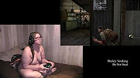 Naked brunette plays Last of Us with big tits exposed