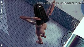 Skinny Character Enjoys Shower Scene in 3D Anime Game