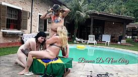 Young Brunette Melissa Feels Intense Pleasure Fucking Couple in Pool at Brazilian Inn