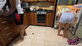 This pervert uncle fills hot blonde with cum in kitchen. Wedding night turns wild!