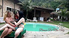 Young Brunette Melissa Feels Intense Pleasure Fucking Couple in Pool at Brazilian Inn