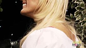 Busty blonde rides cock in cowgirl, doggystyle, and sideways positions, her big tits bouncing